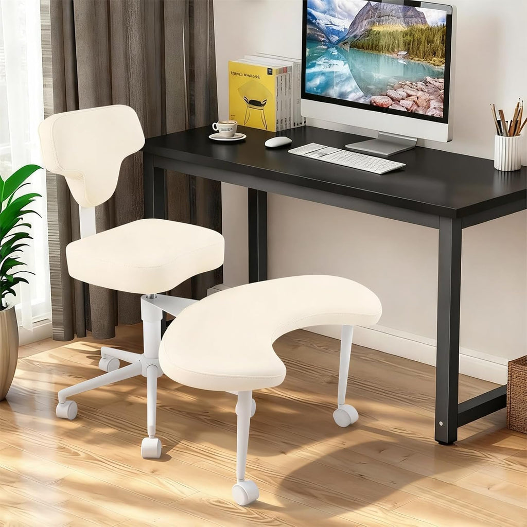 Ergonomic Cross Legged Chair, 360° Swivel Meditation Chair with Adjustable Height 30.31-34.64in & Movable Footstool, Versatile Kneeling Chair for Office Home Yoga, Max Load 286.6lbs, Beige PU