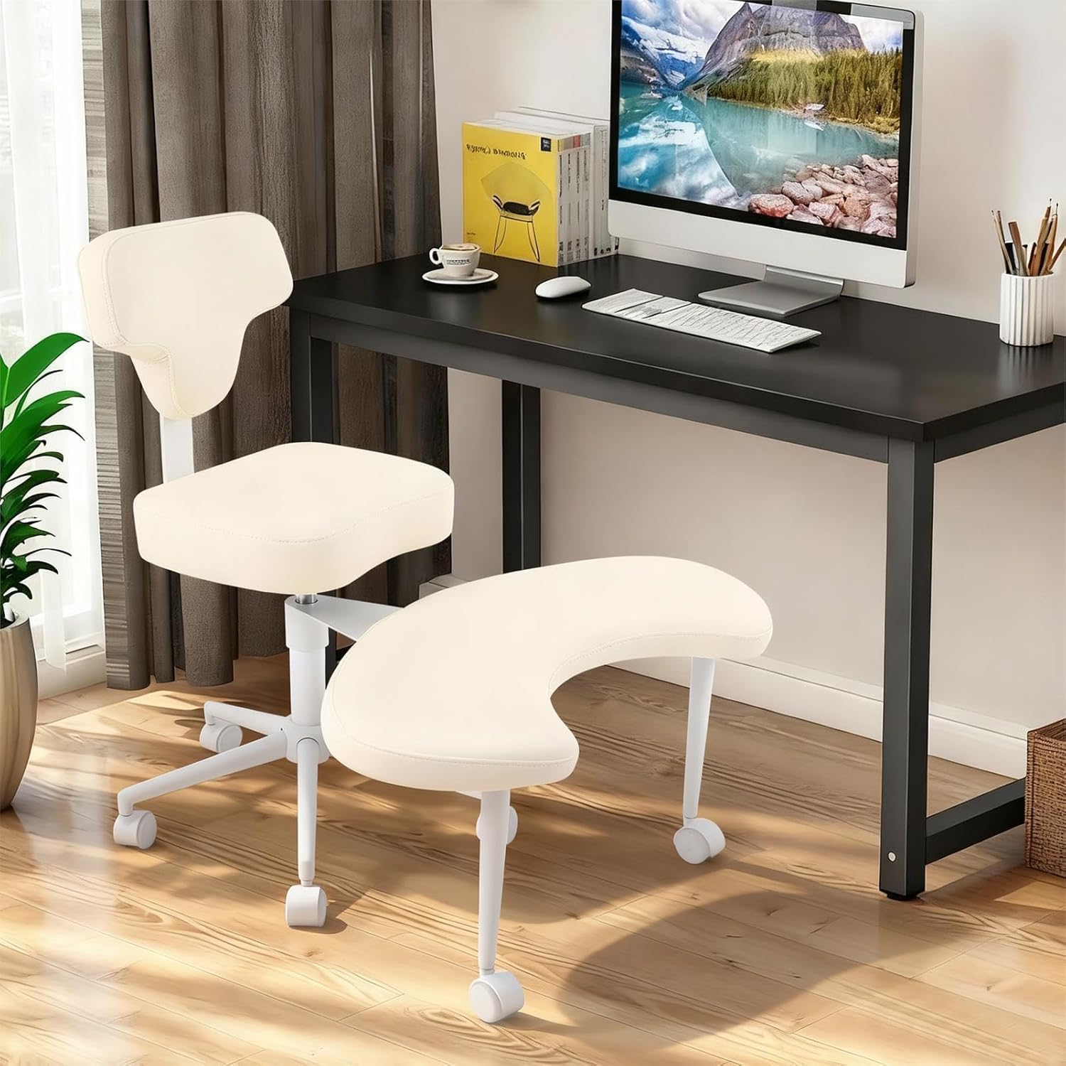 Ergonomic Cross Legged Chair, 360° Swivel Meditation Chair with Adjustable Height 30.31-34.64in & Movable Footstool, Versatile Kneeling Chair for Office Home Yoga, Max Load 286.6lbs, Beige PU