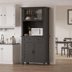 Garvee 72 in Tall Kitchen Pantry Cabinet, Kitchen Hutch Bar Cabinet with Microwave Stand, Cupboard with Drawers Glass Doors for Dining Room, Living Room, Dark Black