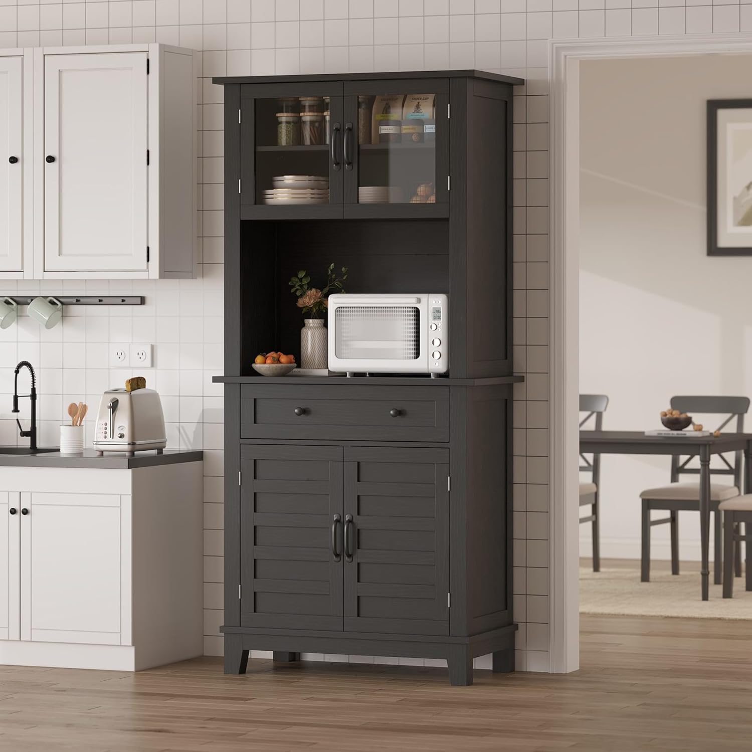 GAOMON 72“ Tall Pantry Cabinet with Drawer, 32” Wide Kitchen Pantry Storage Cabinet with Countertop, Large Kitchen Hutch with Storage Drawers and Doors for Dining Room, Living Room, Black