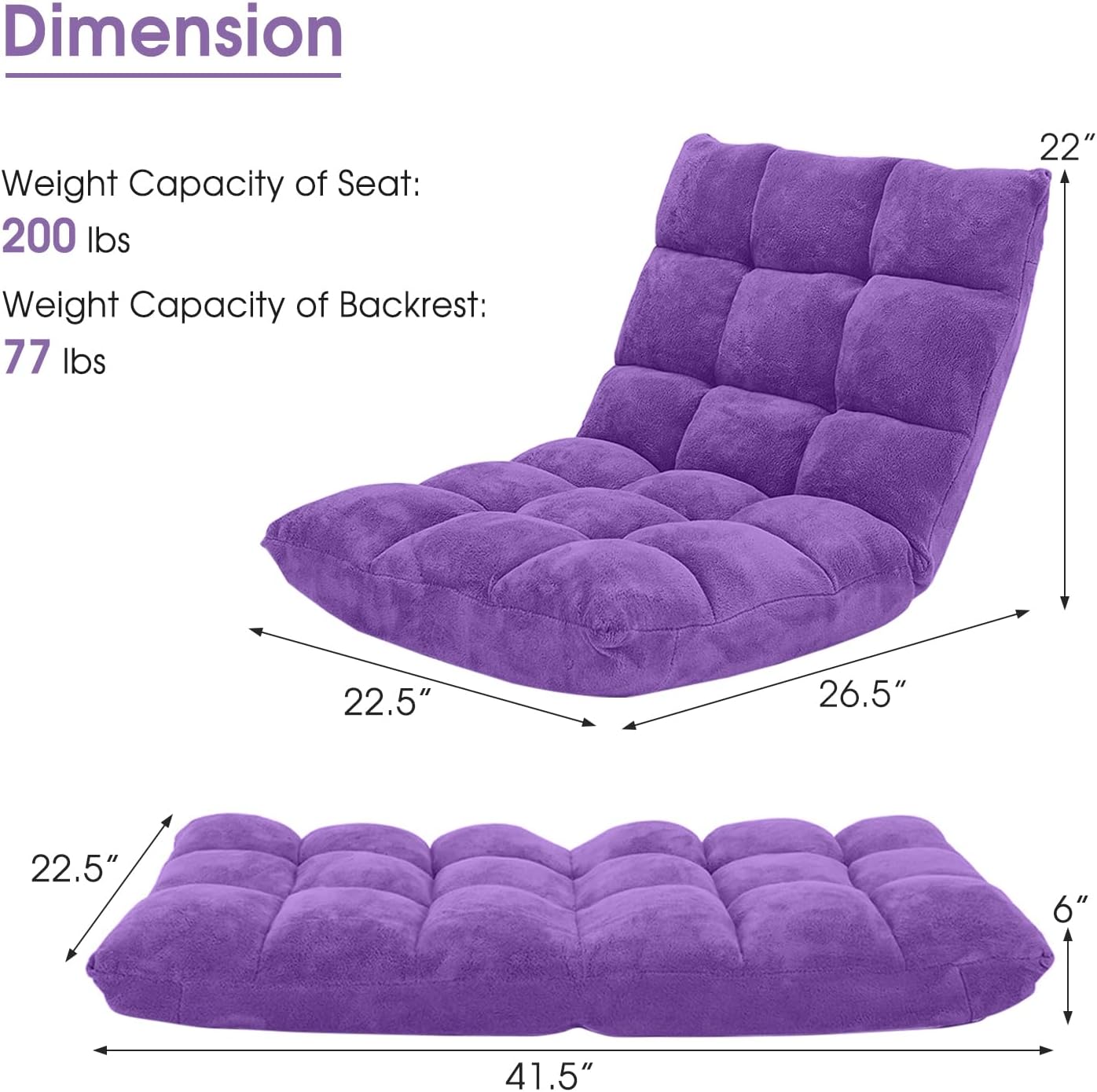 MAT EXPERT Floor Chair with Back Support, Floor Gaming Chair w/ 14 Adjustable Position, Soft Coral Fleece&Alloy Steel Frame, Foldable Padded Lazy Couch Recliner for Meditating (Violet, Large)