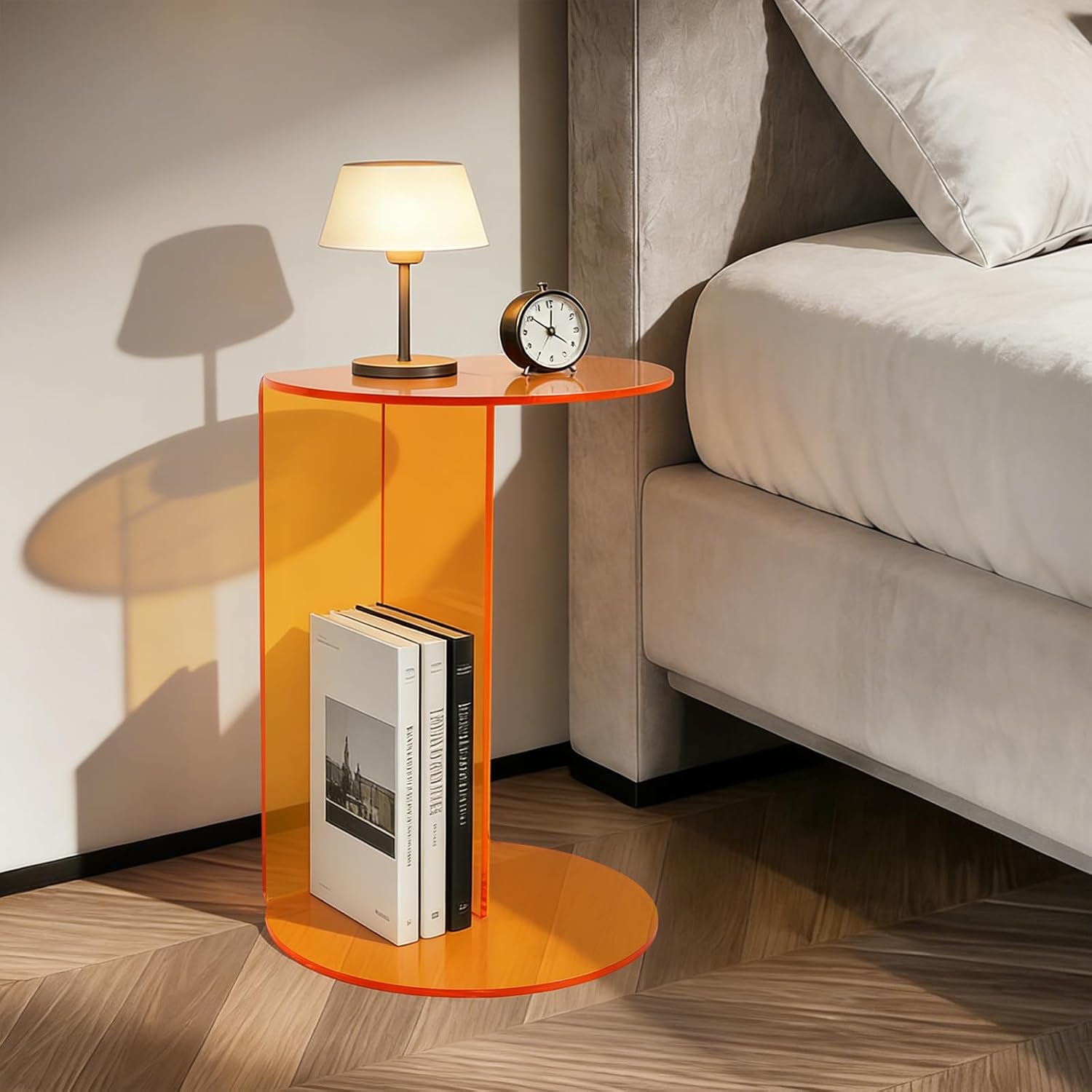 Acrylic Side Table, Modern Semicircle Clear End Table for Living Room Bedroom Small Coffee Table with Stable Base, Minimalist Nightstand for Small Spaces,Orange