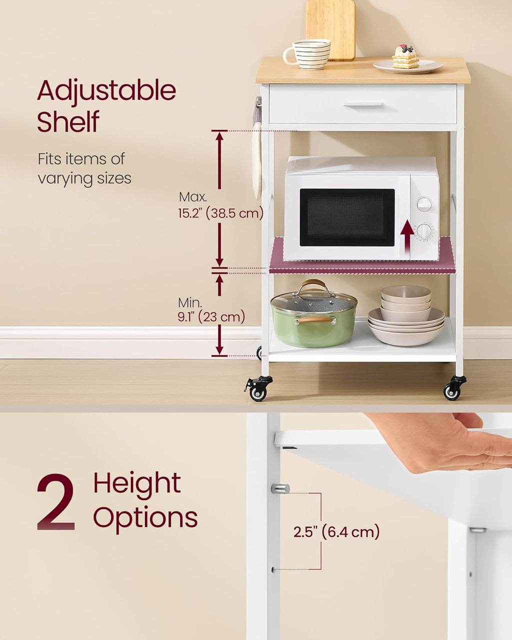 VASAGLE Kitchen Rolling Island, Mobile Kitchen Cart with Storage on Wheels, 17.7 x 23.6 x 35.4 Inches, Drawer, 2 Hooks, for Dining Room, Oak Beige and Matte White UKKI007Y01