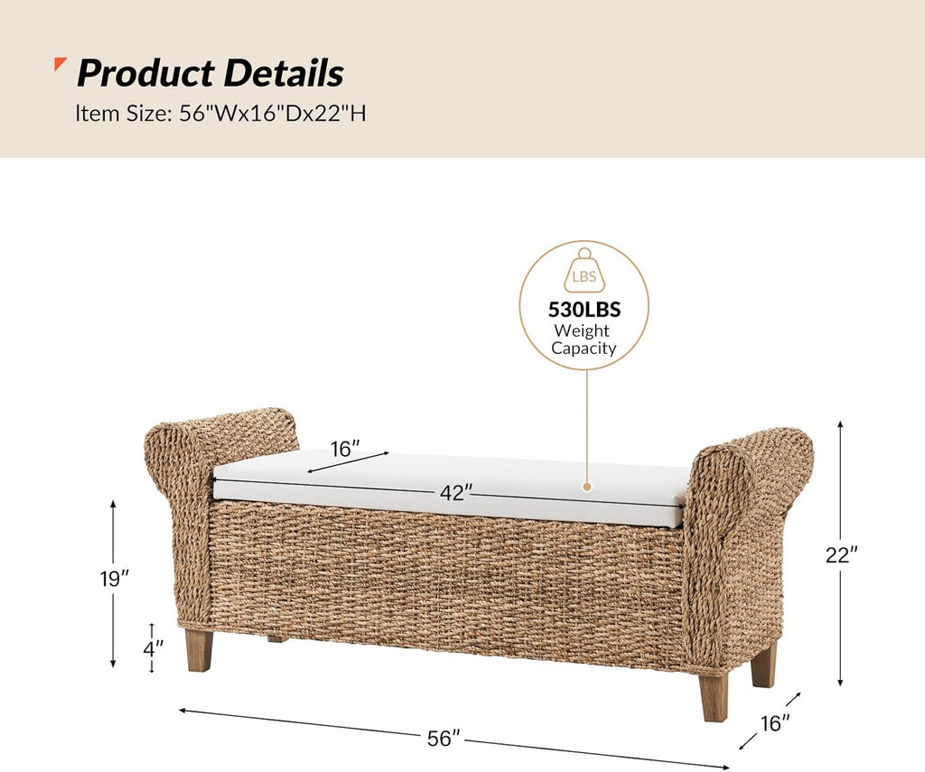 56" Rattan Storage Bench with Rolled Arms, Bohemian Farmhouse End of Bed Upholstered Benches, Interior Divided Entryway Footstool with Solid Wood Legs, Natural