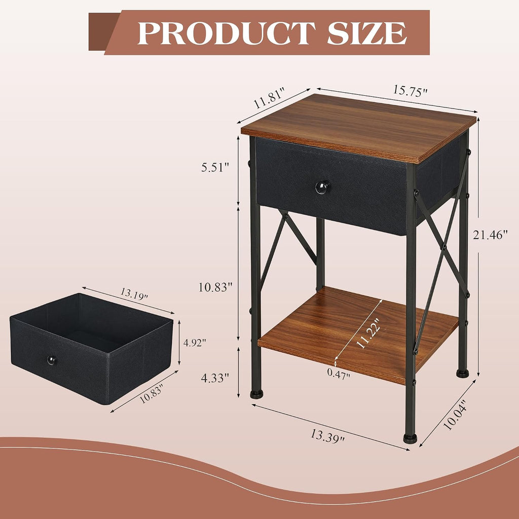 VECELO Nightstand Set of 2, X-Design End Side Table with Fabric Storage Drawer and Open Shelf, Bedside Night Stand with Steel Frame for Bedroom, Living Room,Dorm, Easy Assembly, Classic Brown