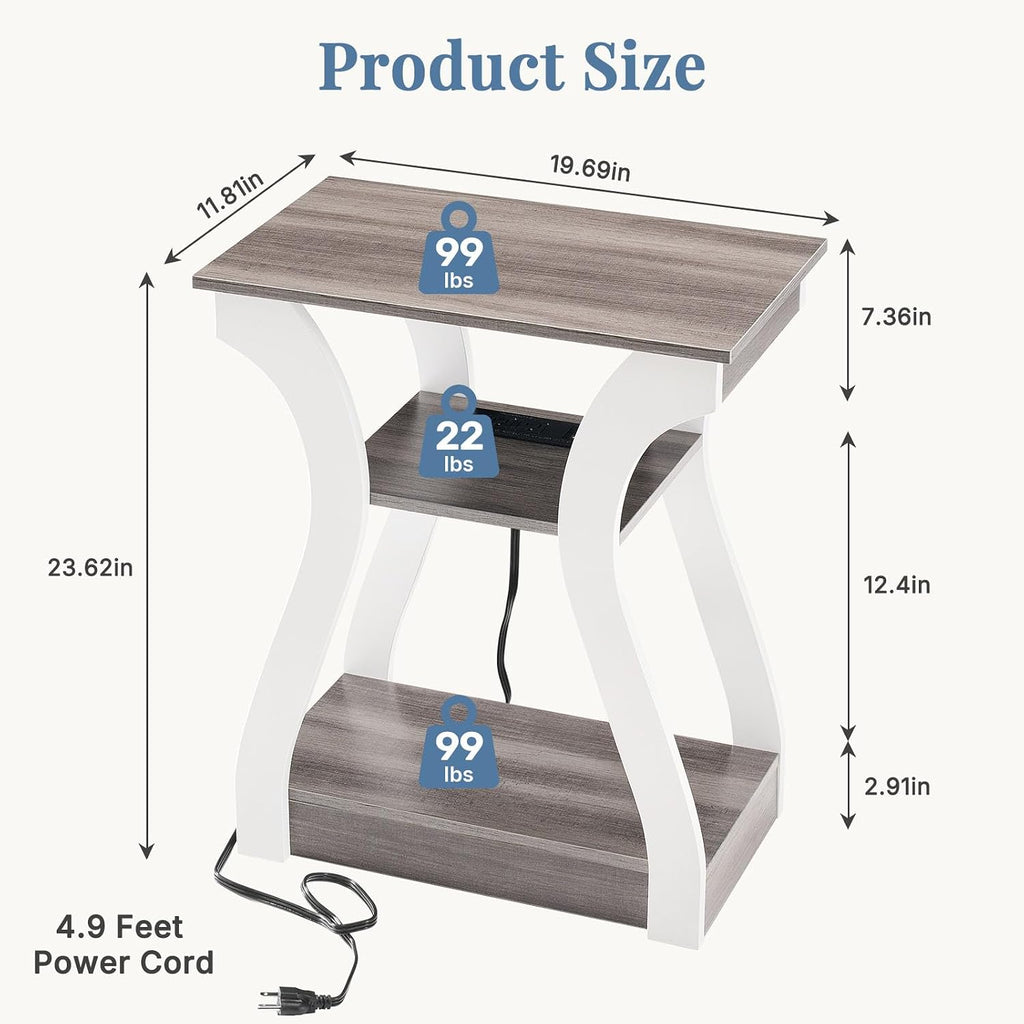 OLIXIS 3 Tier End Table with Charging Station, Modern Curved Nightstand Side Table with USB, Type-C Port & AC Outlets, Storage Shelf Cabinet for Living Room Bedroom Home Decor, Off-White