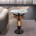 Realistic Deer Head Accent End Table - Buck Side Table with Faux Marble Round top, 25.59" Tall Contemporary Stag Nightstand for Living Room, Office and Reception Area Gift for Mom and Dad