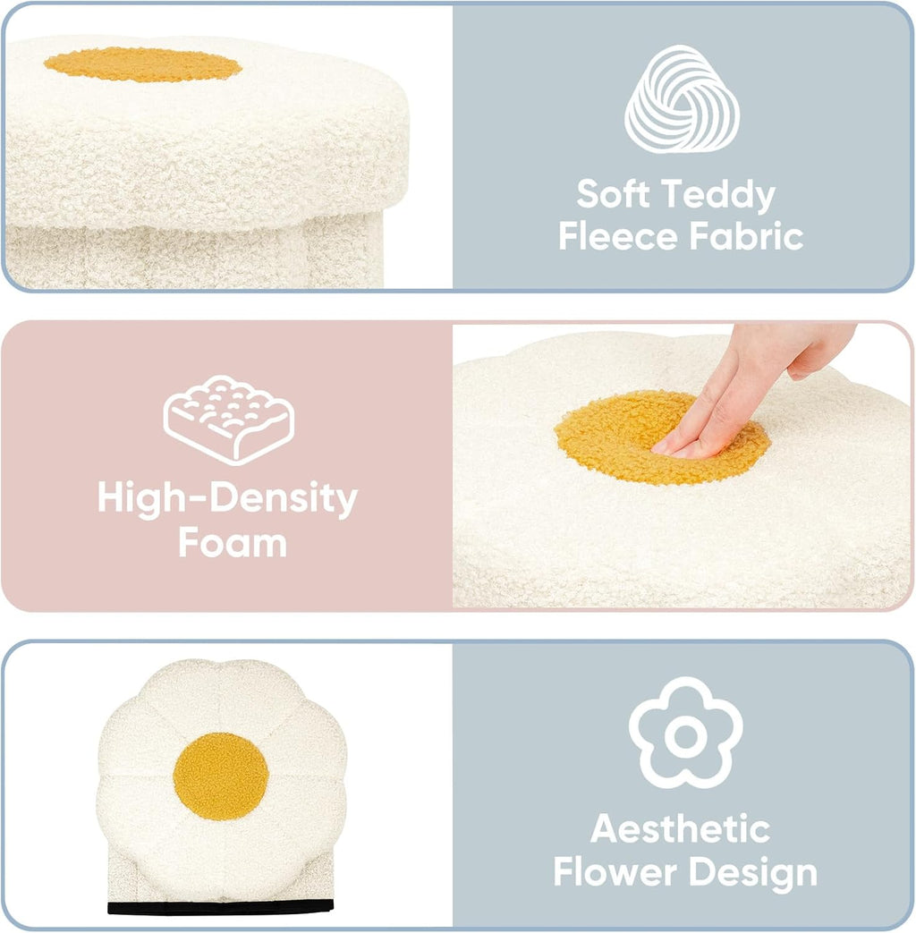 Flower Boucle Storage Ottoman, 12.6" Small Footstool with Padded Seat, Folding Sherpa Foot Rest for Sofa, Floral Accent Side Table for Living Room, Bedroom, Dorm, White