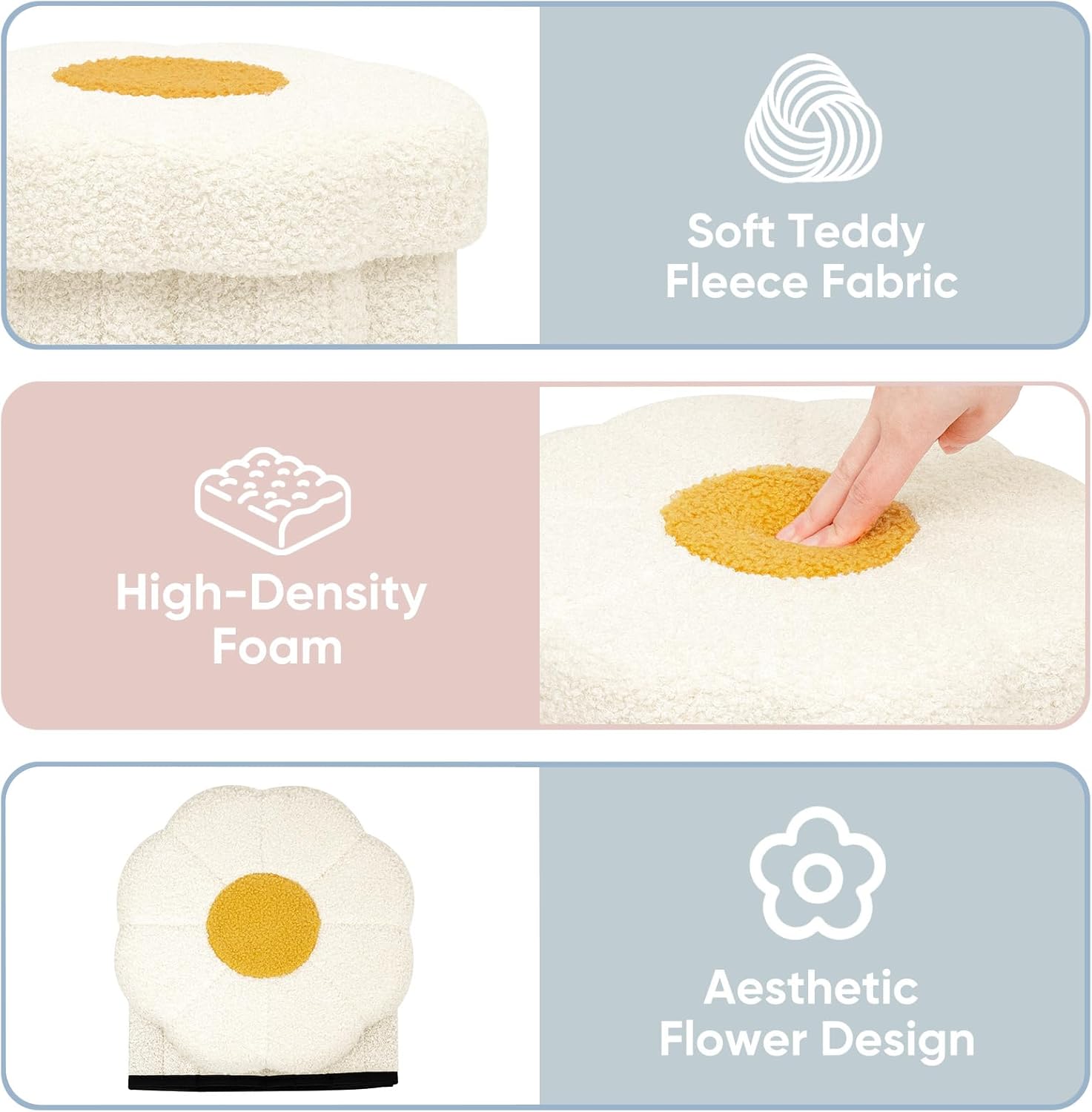 Flower Boucle Storage Ottoman, 12.6" Small Footstool with Padded Seat, Folding Sherpa Foot Rest for Sofa, Floral Accent Side Table for Living Room, Bedroom, Dorm, White