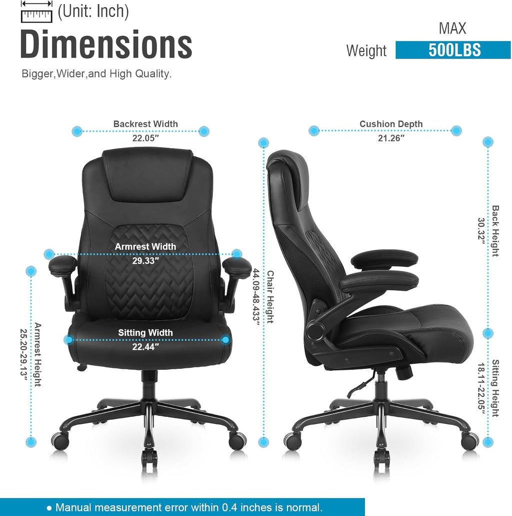 Flysky Executive Ergonomic Office Chair - Big and Tall Office Chair for Heavy People, PU Leather, Lumbar Support, Flip-up Armrest, High Back, Height Adjustable, Black