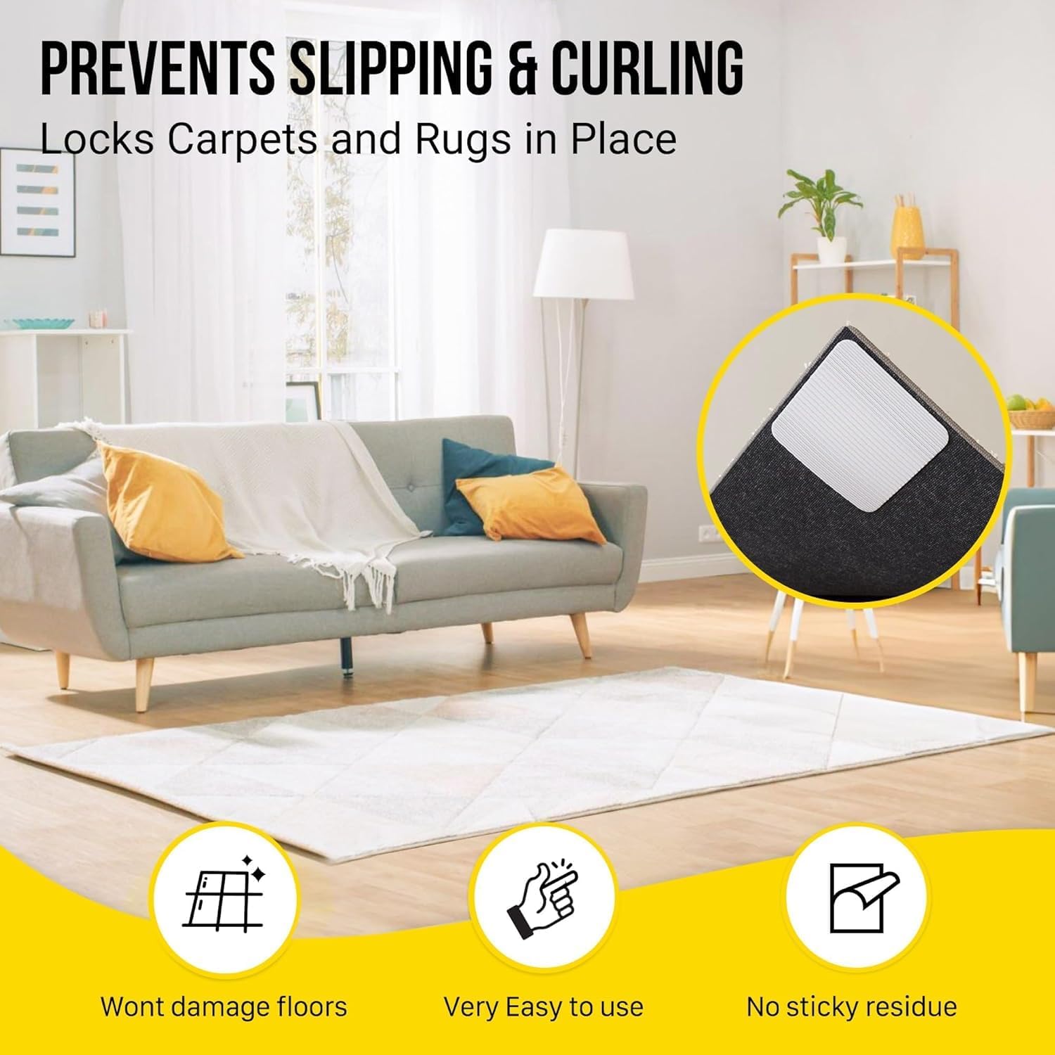 Alien Grip Rug Gripper Carpet Tape - 20pcs, 4x4 in. Anti-Slip Hardwood, Tile Floor, No Damage - Double Sided Reusable, Non Slip Corner Rug Pads - As Seen on TV