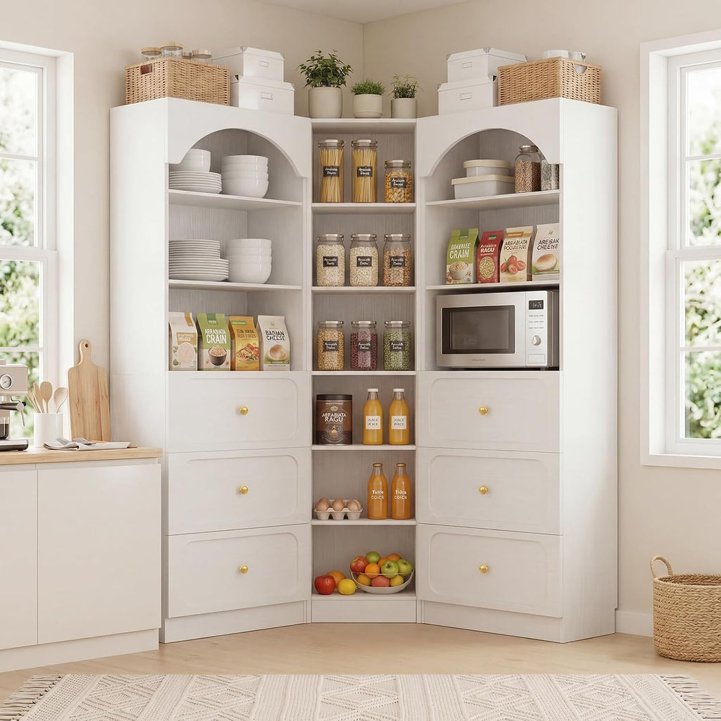 Cyclysio 80" Tall Pantry System with 6 Drawers, Arched Corner Pantries with 12-Tier Open Shelves, Wooden Cupboard Storage Organizer with Baseboard Cutout for Living Room, Kitchen