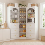 Cyclysio 80" Tall Pantry System with 6 Drawers, Arched Corner Pantries with 12-Tier Open Shelves, Wooden Cupboard Storage Organizer with Baseboard Cutout for Living Room, Kitchen