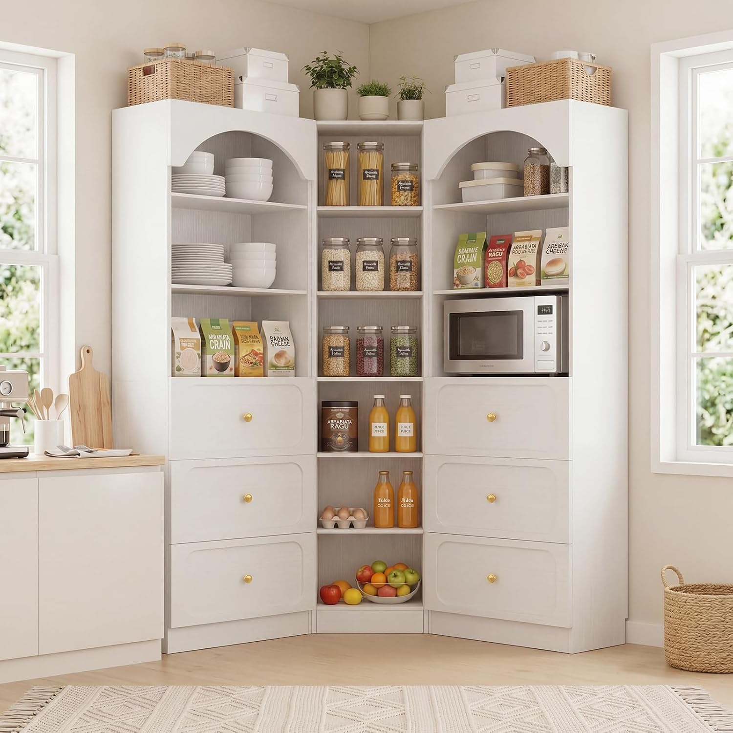 Cyclysio 80" Tall Pantry System with 6 Drawers, Arched Corner Pantries with 12-Tier Open Shelves, Wooden Cupboard Storage Organizer with Baseboard Cutout for Living Room, Kitchen