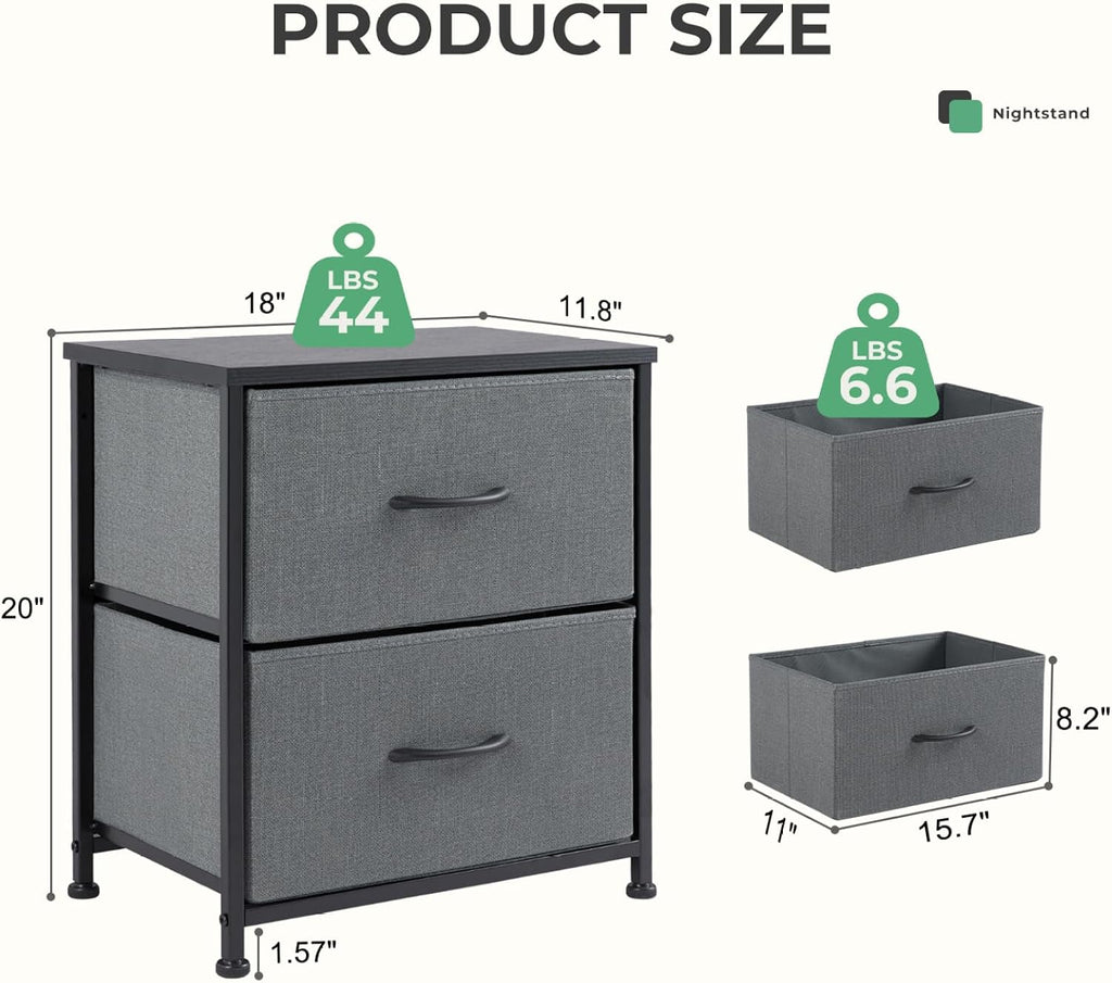 Fabric Dresser 2 Drawers, Nightstands with Adjustable Feet, End Table for Bedroom, Set of 2 - Modern Storage Cabinets