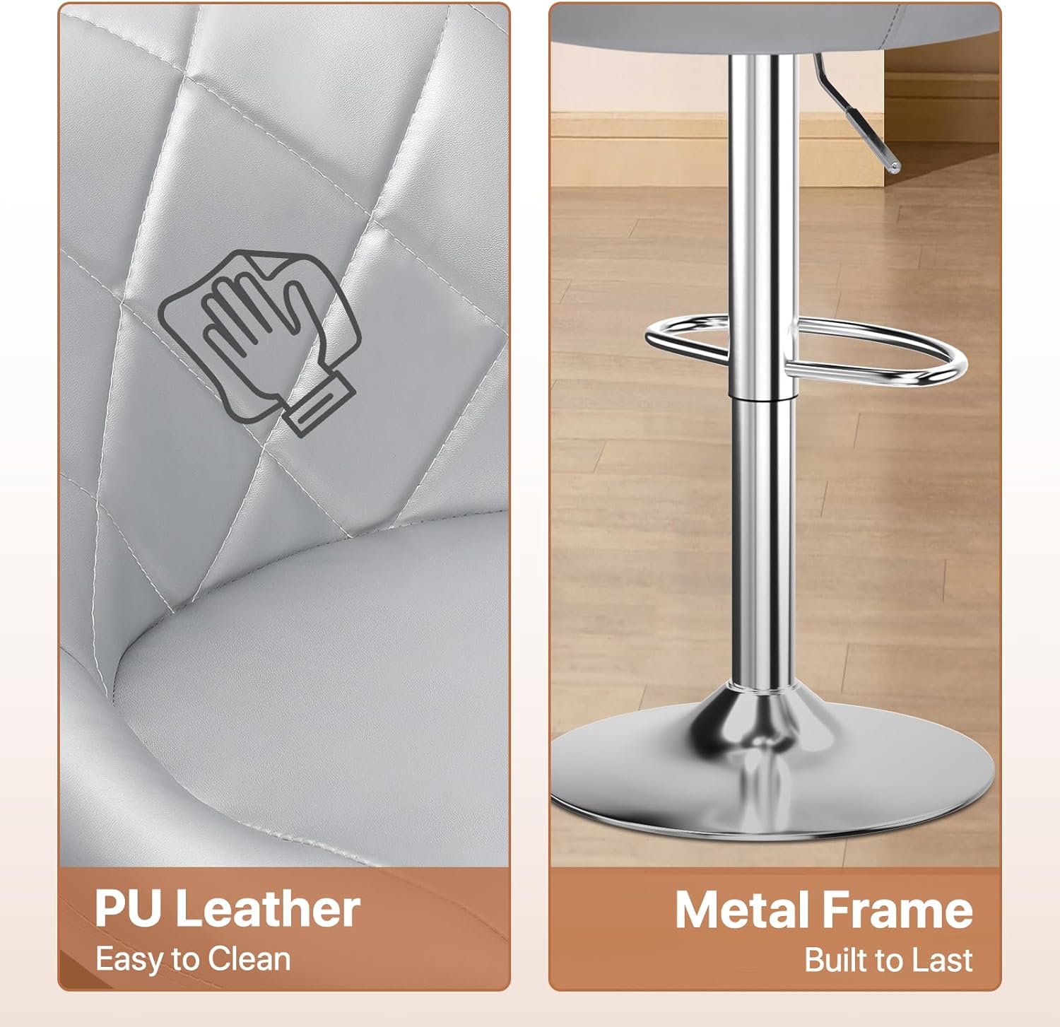 Magshion Bar Stools Set of 2, Swivel Counter Height Bar Stools, Modern Island Chair with Back and Footrest for Kitchen Dining Room, Silver