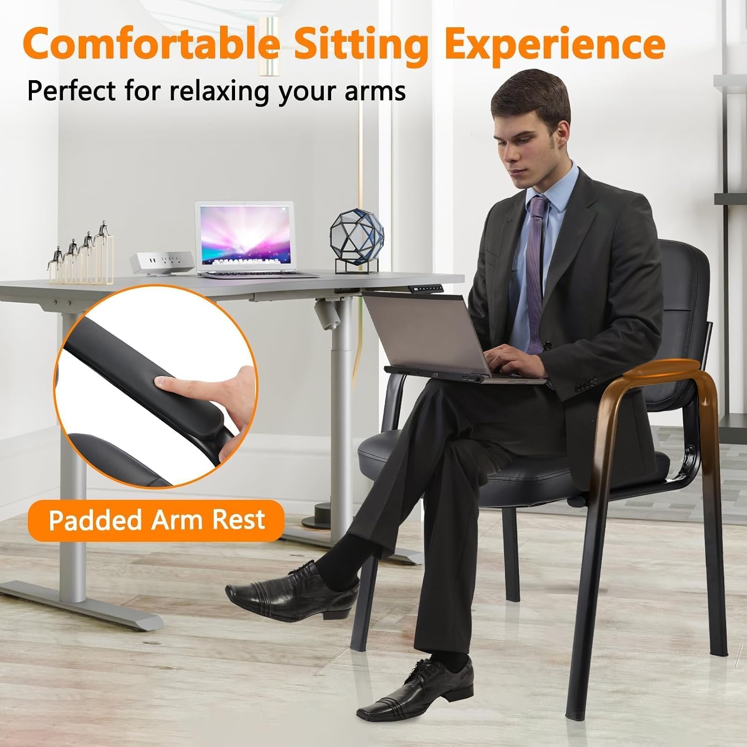 CLATINA Leather Guest Chairs Set of 6, Desk Chair No Wheels, Office Reception with Padded Arms for Office Conference Waiting Room, Black