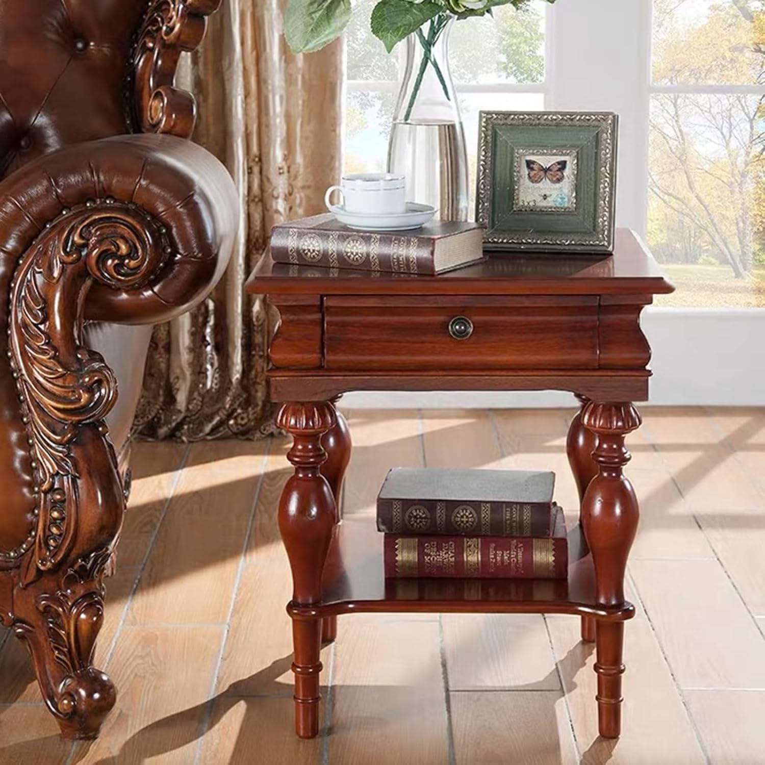YUNMUAIR-Solid Wood Side Table with Drawer Square Vintage End Tables Living Room,Victorian Style Bedside Nightstand,Sofa Tables with Storage Shelf,Telephone Table for Living Room,No-Tools Assembly