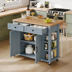 DWVO Rolling Kitchen Island with Drop Leaf, Mobile Storage Islands with Power Outlet Foldable Tabletop, 2 Drawers and Open Shelves, for Living Room, Dining Room, Blue Gray