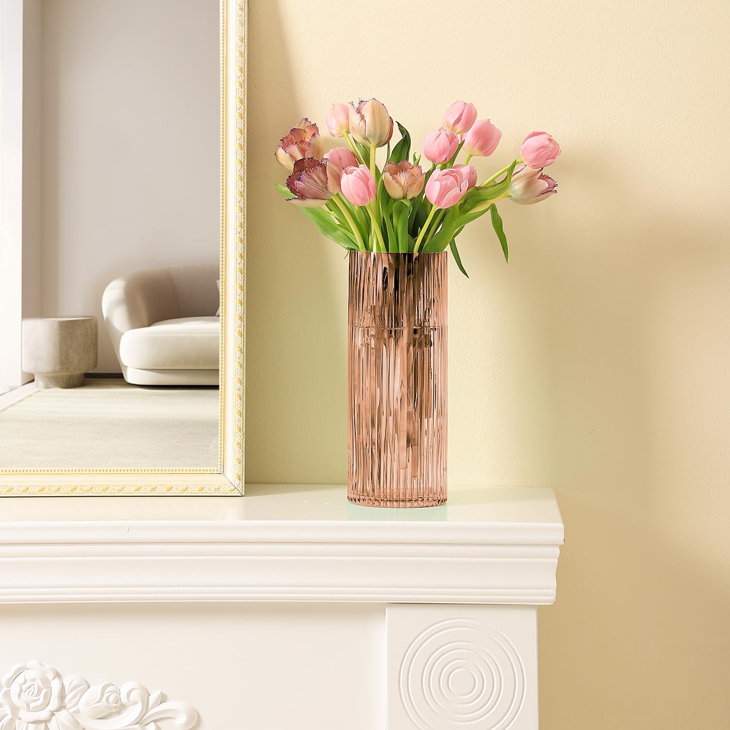 Pink Glass Vase for Flowers Ribbed Glass Vase, Pink Flower Vase, Tall Cylinder Glass Vases for Centerpieces, Living Room, Bedroom, Dining Table, Office, Wedding, Bookshelf Decoration,10 Inches