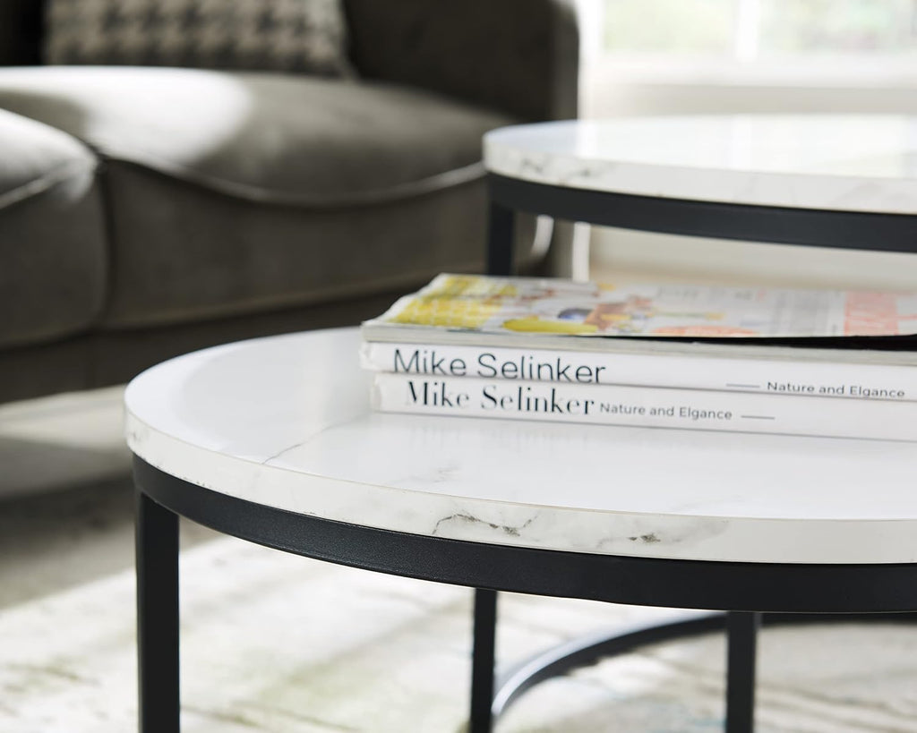 Modern Nesting Coffee Table Set of 2 for Living Room, Office, Balcony, Mid Century Round Wood Accent Coffee MDF Faux Marble Tabletop w/Black Color Frame, Gift for Thanksgiving Christmas -White