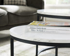 Modern Nesting Coffee Table Set of 2 for Living Room, Office, Balcony, Mid Century Round Wood Accent Coffee MDF Faux Marble Tabletop w/Black Color Frame, Gift for Thanksgiving Christmas -White