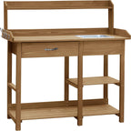 MUPATER Potting Bench Garden Table for Outdoors with Removable Stainless Sink, Planting Work Bench with Storage Shelves and Drawer, Natural Wood