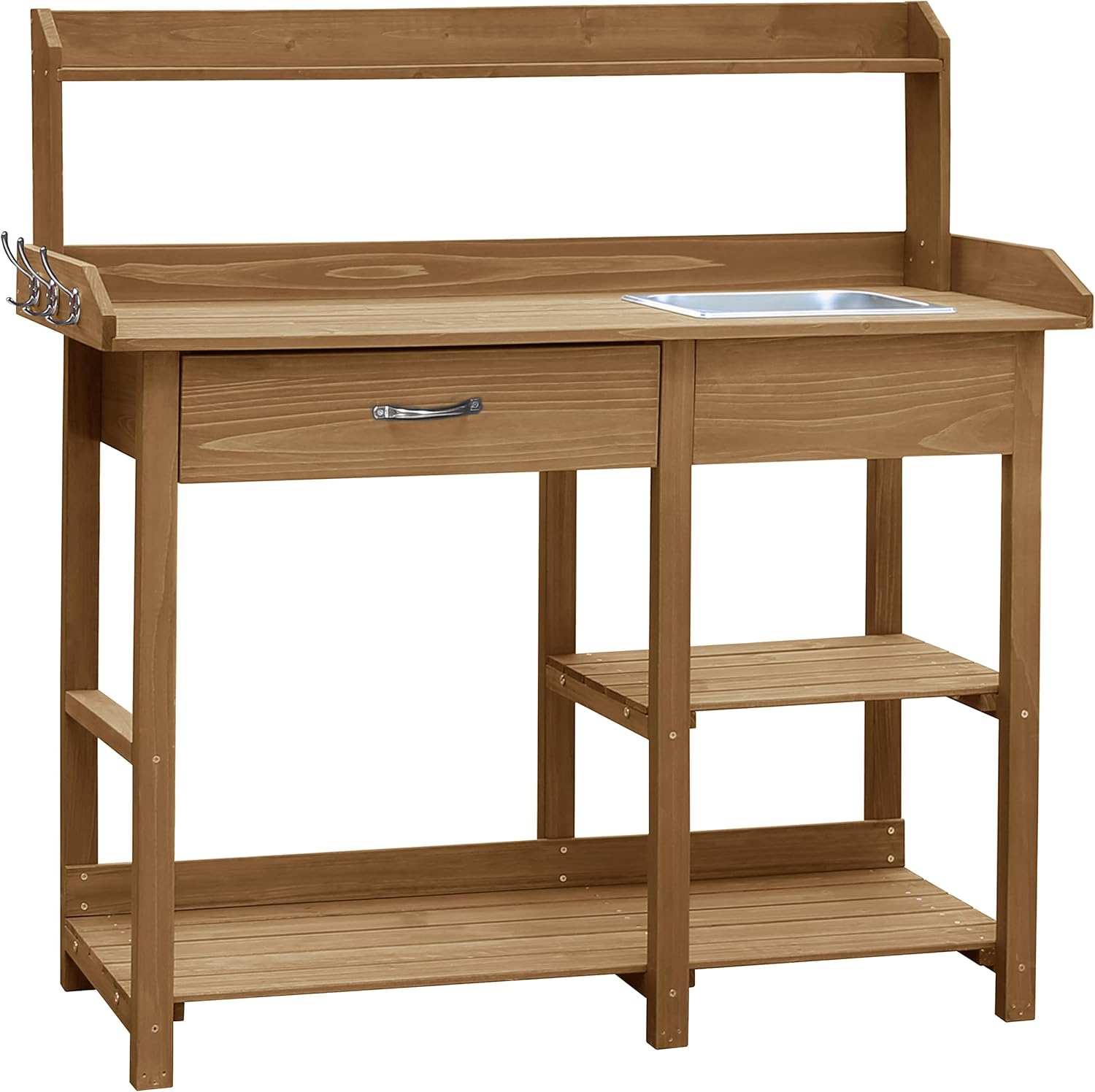 MUPATER Potting Bench Garden Table for Outdoors with Removable Stainless Sink, Planting Work Bench with Storage Shelves and Drawer, Natural Wood