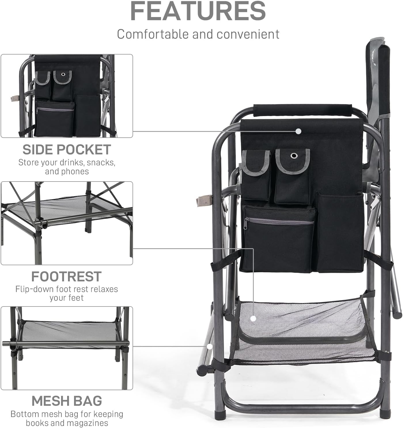 EVER ADVANCED Medium Tall Directors Chair Foldable Makeup Artist Chair Bar Height with Side Table Cup Holder and Pocket Footrest, Supports 400LBS (Grey, Seat Height: 23.2 inches)