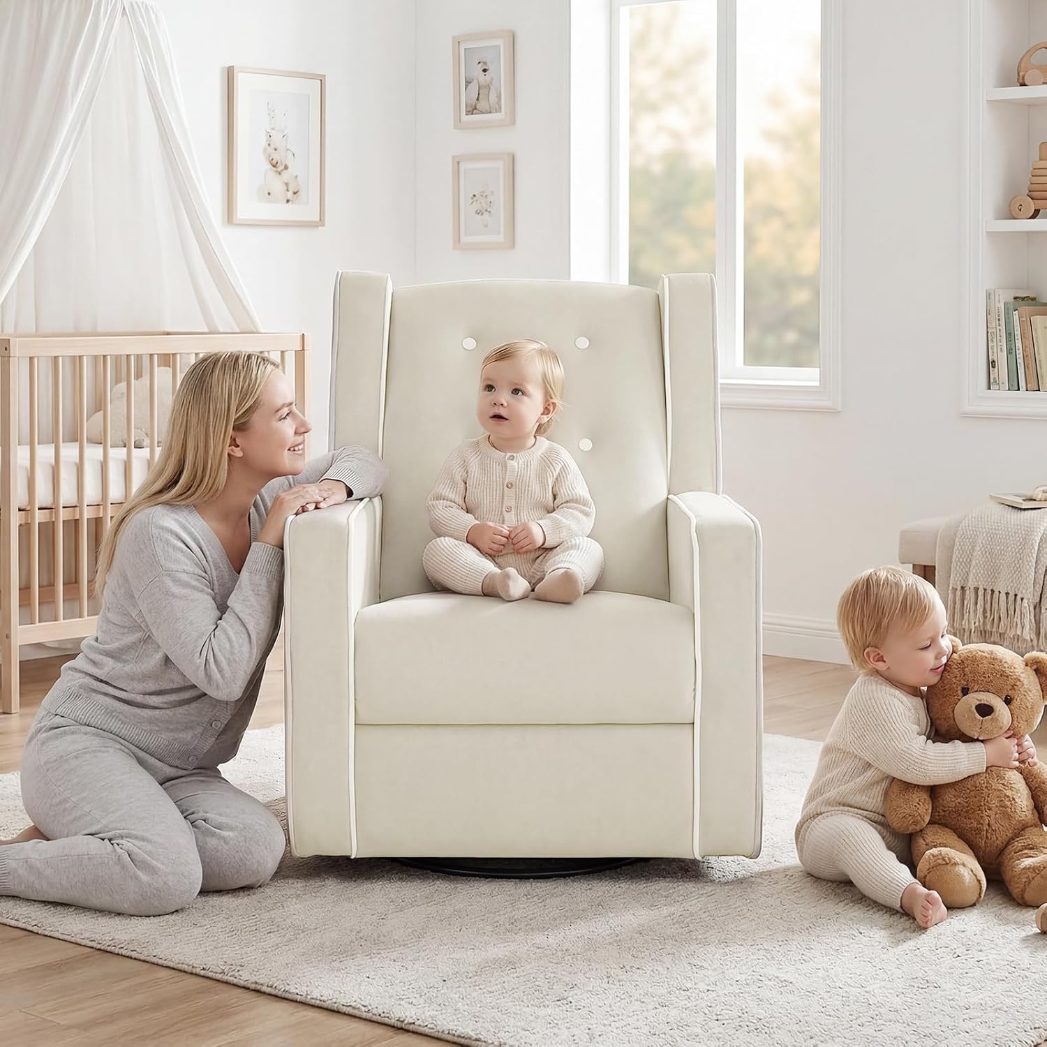 SweetGO Nursery Glider Recliner, 360° Swivel Microfiber Rocker w/Footrest | Ergonomic lumbar support, quiet glide, reinforced frame, tool-free assembly, 135° recline