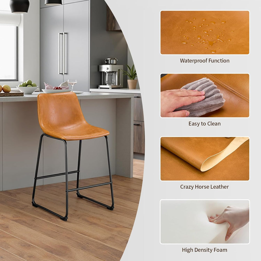 STOOLINK 26 Inch Bar Stools Set of 2, Counter Height Bar stools for Kitchen Island, Modern Crazy Horse Leather Bar Stool with Back and Metal Legs, Whiskey Brown