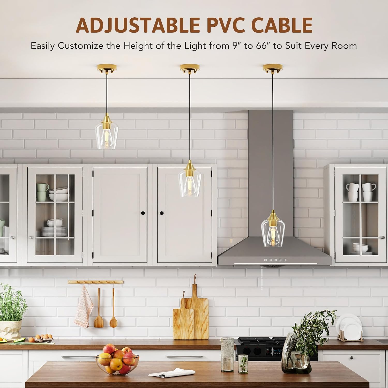 VONLUCE Pendant Lights Kitchen Island, Brushed Gold Pendant Light Fixtures with E26 Base & Adjustable Cable, Modern Pendant Lighting with Glass Shade for Living Room Bedroom Hallway, 3 Packs