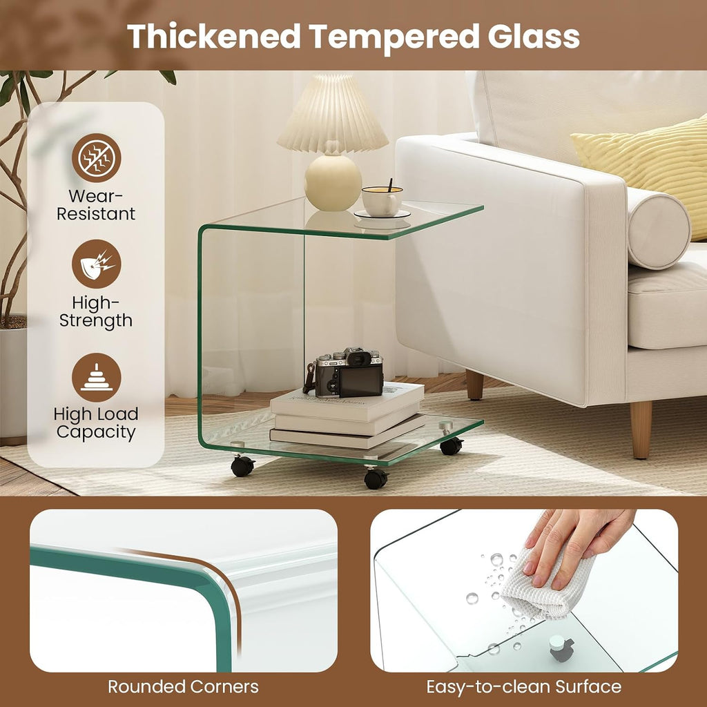 BECOMFORT Tempered Glass C-Shape End Table, Rolling Side Table with 4 Lockable Universal Wheels & Storage, Mobile Clear Night Stand for Sofa Couch Living Room Bedroom Office (1, Clear)