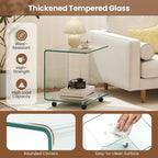 BECOMFORT Tempered Glass C-Shape End Table, Rolling Side Table with 4 Lockable Universal Wheels & Storage, Mobile Clear Night Stand for Sofa Couch Living Room Bedroom Office (1, Clear)