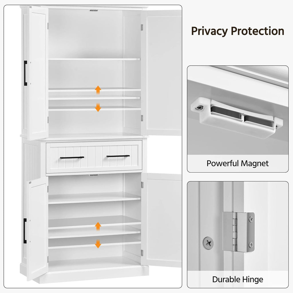 Topeakmart 72.5" Kitchen Pantry with Large Drawer, Wooden Pantry Cabinet Cupboard with Doors and Adjustable Shelves, Storage Cabinet Organizer for Kitchen, Dining Room, Living Room, White