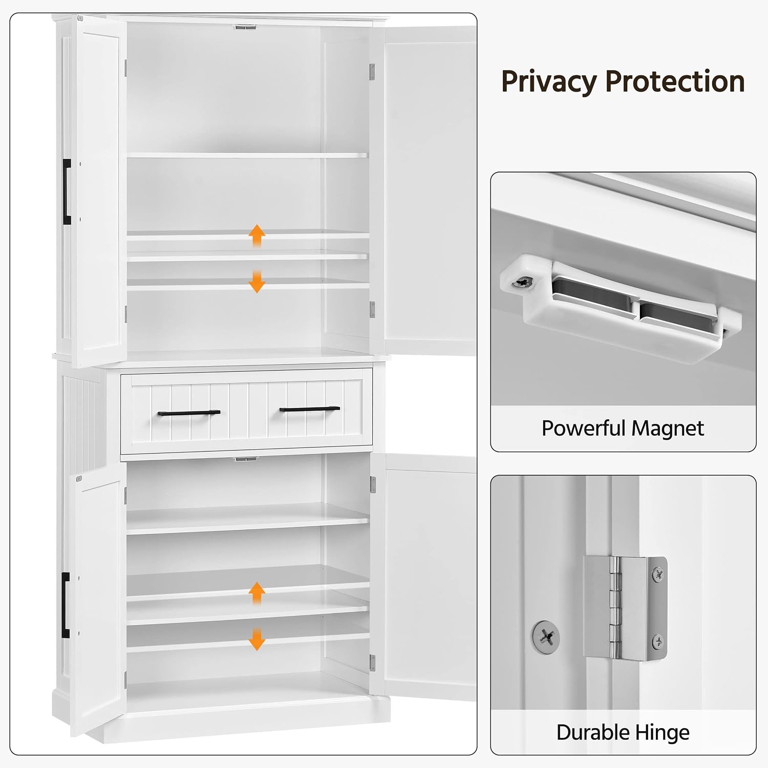 Topeakmart 72.5" Kitchen Pantry with Large Drawer, Wooden Pantry Cabinet Cupboard with Doors and Adjustable Shelves, Storage Cabinet Organizer for Kitchen, Dining Room, Living Room, White
