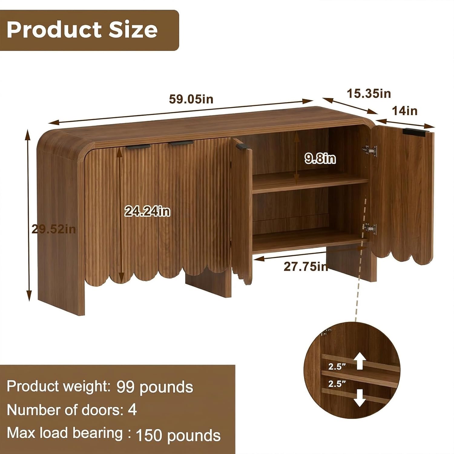 Walnut Sideboard Buffet Cabinet, Wood Storage Credeza with 4 Doors and Adjustable Shelves, Mid-Century Console Cabinet for Living Room, Kitchen, Hallway, Entrway (Walnut)