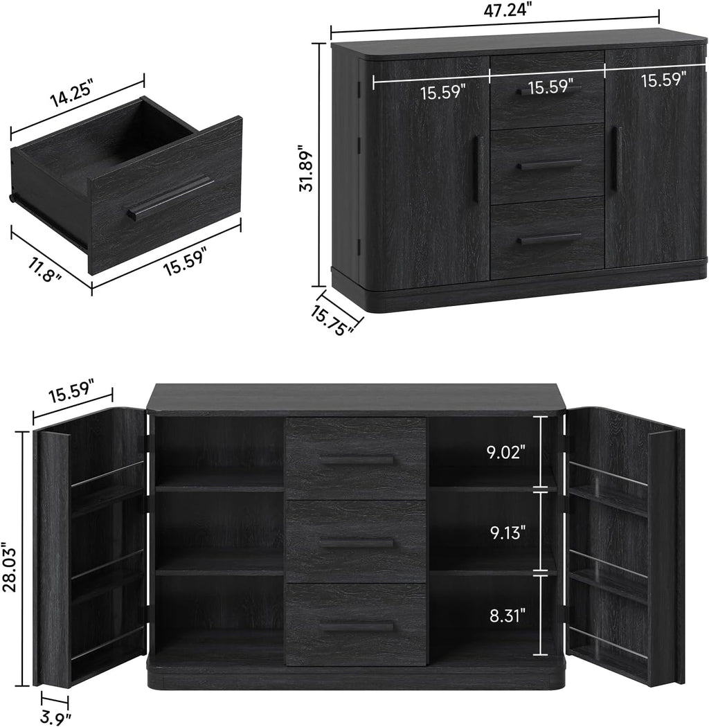 ONBRILL 47" Sideboard Buffet Cabinet with Storage and 3 Drawers, Large Buffet Cabinets with 2 Doors, Console Credenza, Modern Coffee Bar Table w/Adjustable Shelves for Dining Room, Living Room, Black