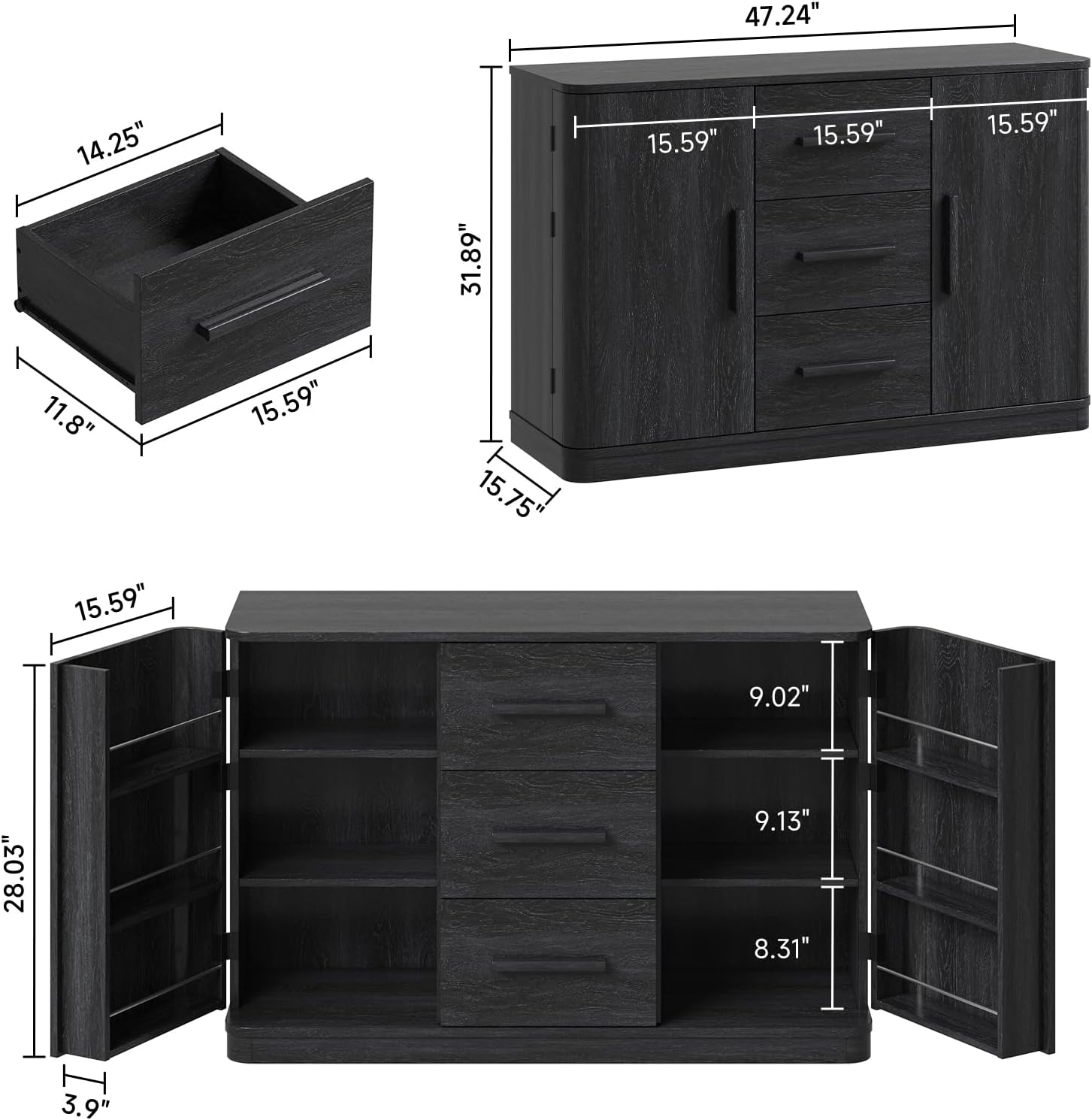 ONBRILL 47" Sideboard Buffet Cabinet with Storage and 3 Drawers, Large Buffet Cabinets with 2 Doors, Console Credenza, Modern Coffee Bar Table w/Adjustable Shelves for Dining Room, Living Room, Black
