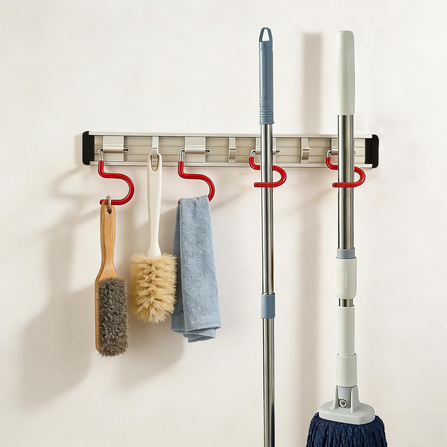 Wall Mounted Mop and Broom Holder Stainless Steel S Type Broom Rack Anti-Slip Mop Organizer (17 Inches,4 Positions 3 Hooks, Red White)