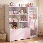 Costzon 2 in 1 Kids Toy Storage Organizer, Dress up Closet Wardrobe w/Clothing Rack, 6 Cubes & Movable Drawer, Multifunctional Kids Bookshelf Storage Chest for Kids Room, Playroom, Nursery