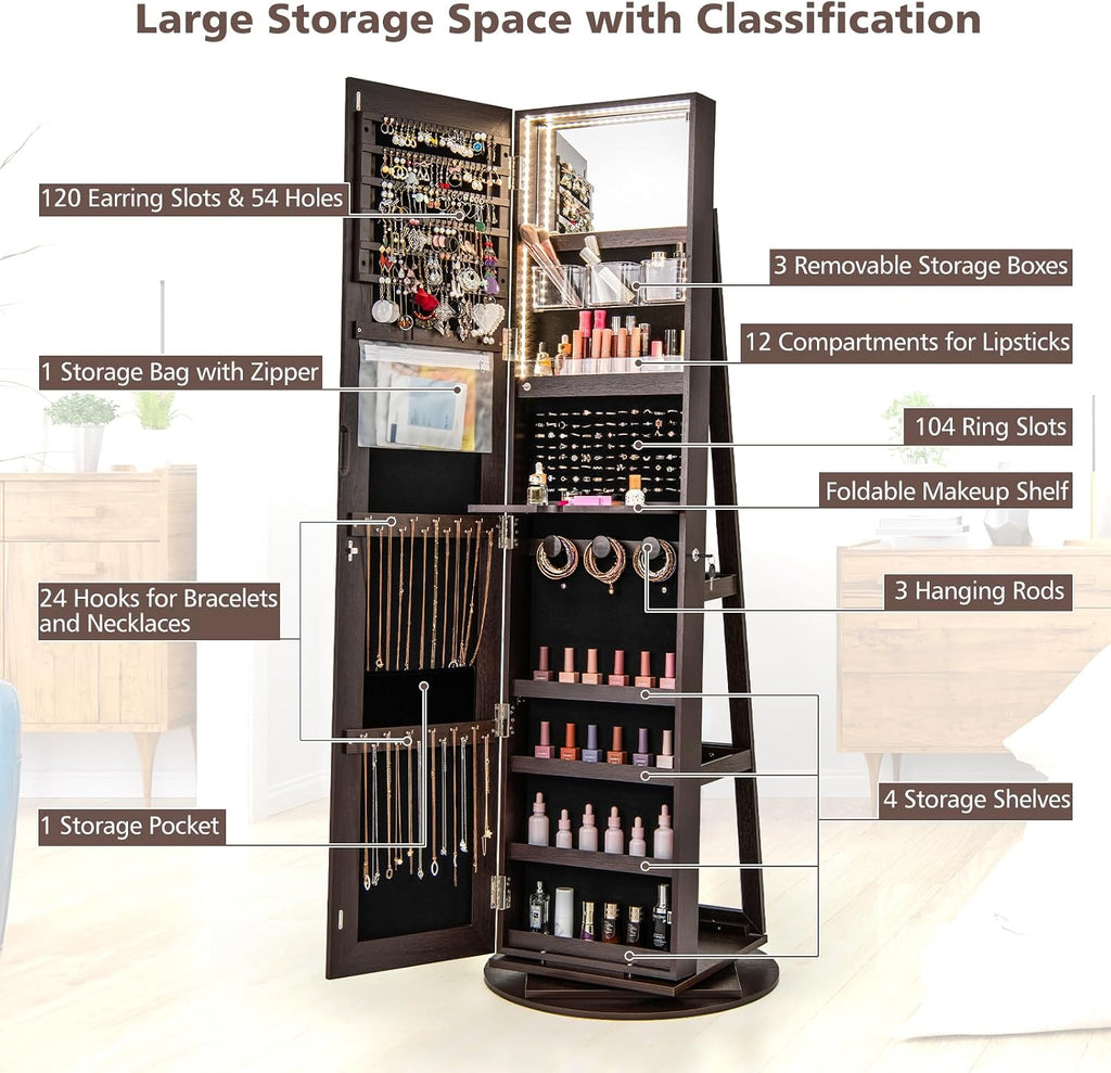 CHARMAID 360° Swivel Jewelry Armoire with Full Length Mirror, Rear Storage Shelves, Lockable Standing Jewelry Cabinet Organizer with Interior Vanity Mirror and 3-Color Lights (Espresso)
