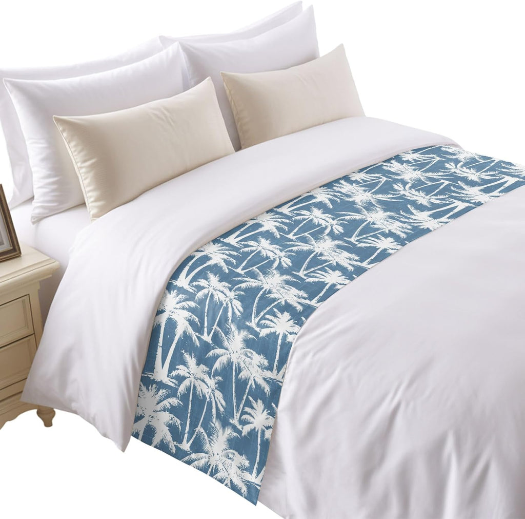 Blue Palm Tree Bed Runners for Twin Size Bed, Summer Tropical Coastal Nautical Beach Silver Tree Leaf Bedding Scarf for Home Hotel Decorations, 71''x20''