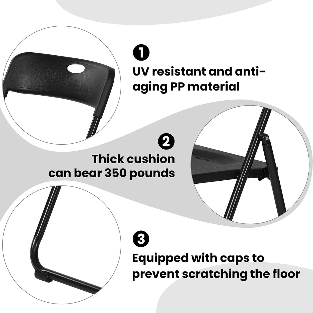 Black Folding Chairs 10 Pack Foldable Plastic Stackable Sturdy Seats for Office Family Wedding Dinner Party Events Entertaining, Steel Frame, Heavy Duty 350 lbs Capacity