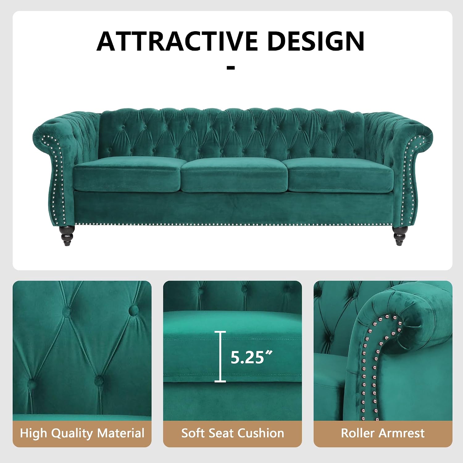 Velvet Sofa Couches Set, 3-Piece Mid Century Modern Upholstered Couch with Cushions, Home Sofa Sectional Furniture Sets, Comfy Tufted Chesterfield Couches for Living Room, Bedroom, Office