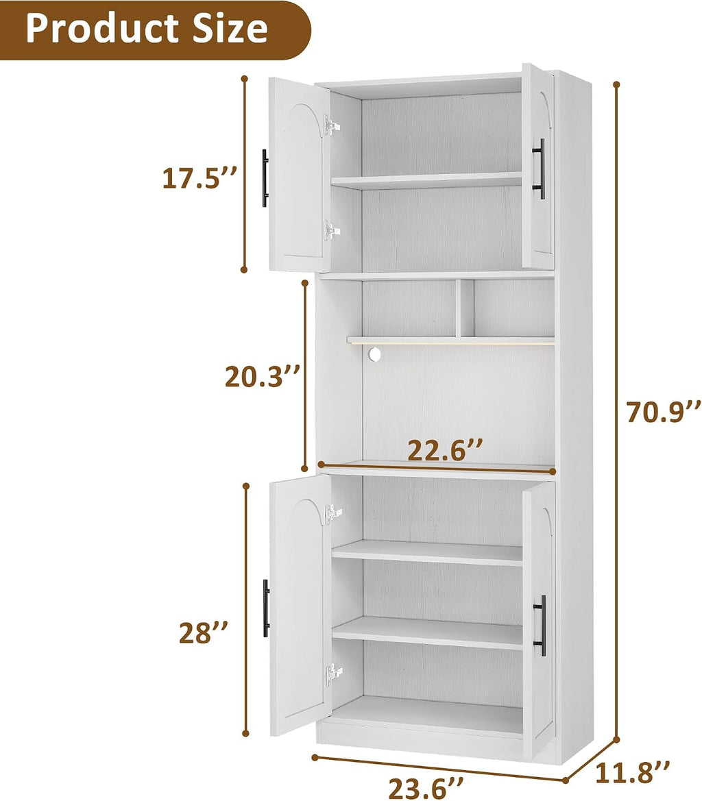 71" Pantry Cabinet with LED Light, Kitchen Pantry Storage Cabinet with Microwave Stand Anti-Tip Device, Modern Farmhouse Kitchen Cupboard Hutch for Living Room, Dining Room, Bathroom