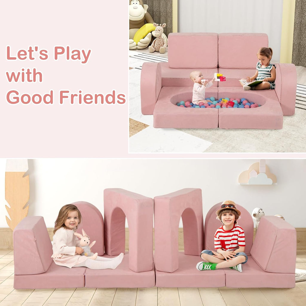 INFANS Modular Kids Play Couch, 8 PCS Toddler Creative Sectional Fort Building Sofa for Playroom, Bedroom, Children Convertible Versatile Soft Foam Furniture Playset Crawling Floor Cushion