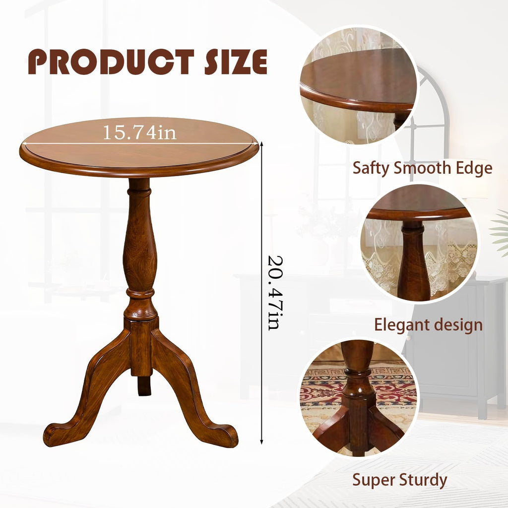 YUNMUARY-Vintage Walnut Solid Wood Pedestal End Table,20 Inches Wide Small Coffee Tables Living Room,Circle Nightstand,Accent Table for Sofa,Bedroom,Corners,and Dining Room.