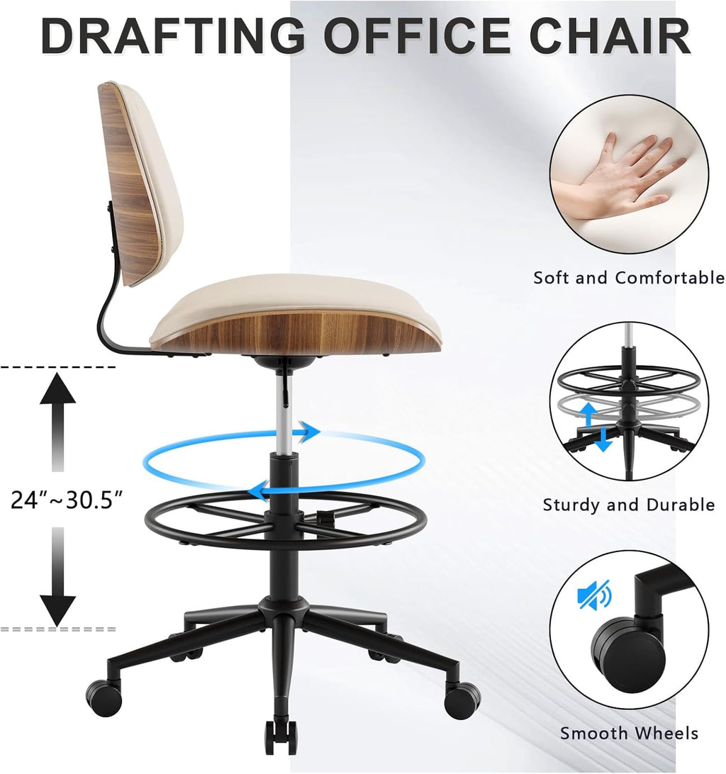 Drafting Chair with Adjustable Footrest, Armless Modern Tall Office Chair for Standing Desk, PU Leather Swivel Stool in Curved Bentwood Style, Ergonomic Rolling Walnut Chair for Office(Beige)