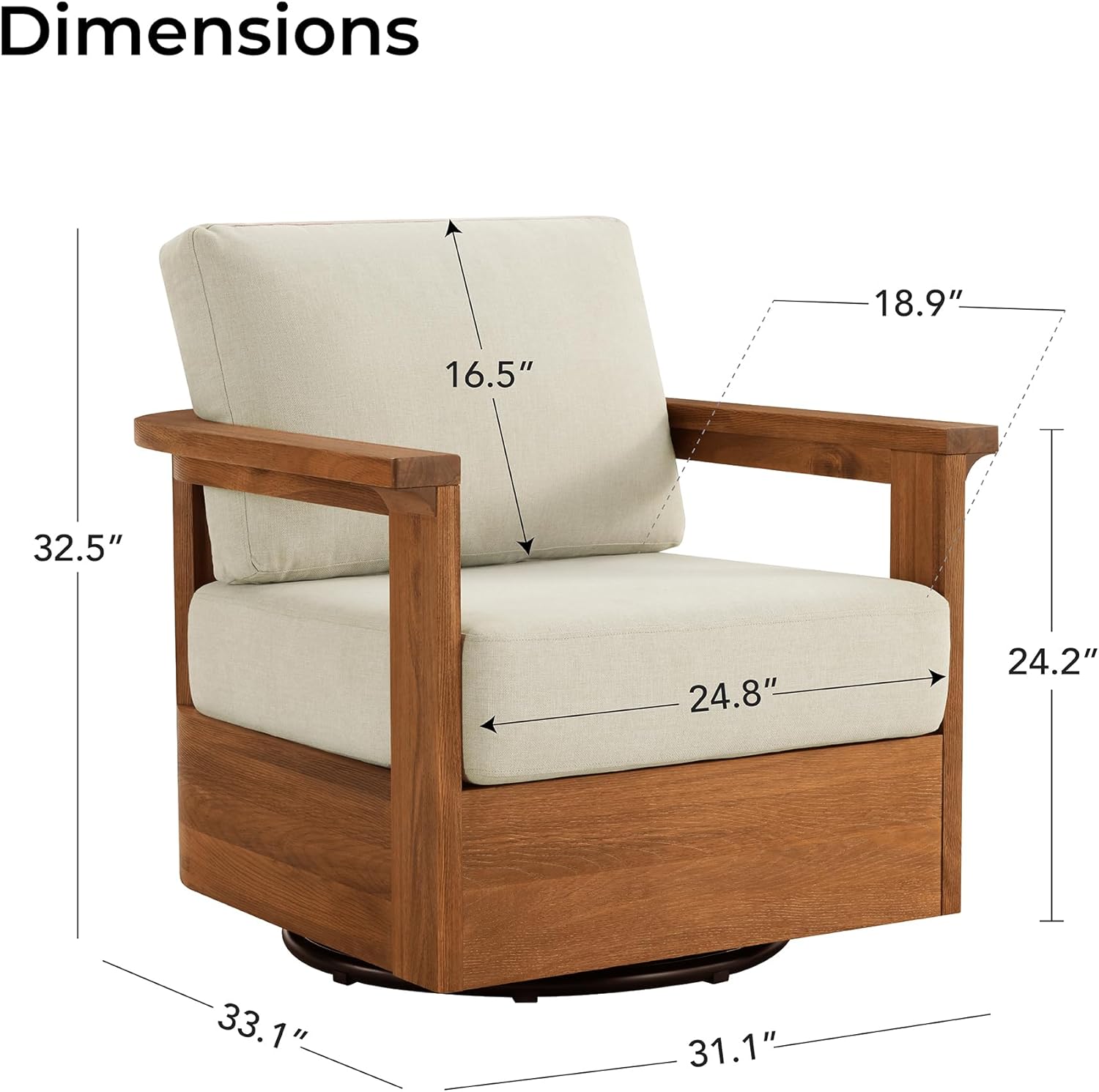 CHITA Patio Acacia 360° Swivel Chair, Outdoor Furniture with 7.7” Thickened Cushions Acacia Wood Frame, Fully Assembled